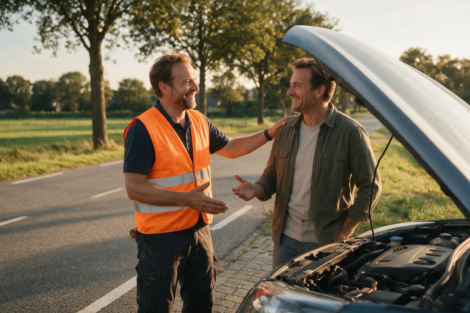 Hulpverlener stelt een automobilist gerust bij een auto met de motorkap open