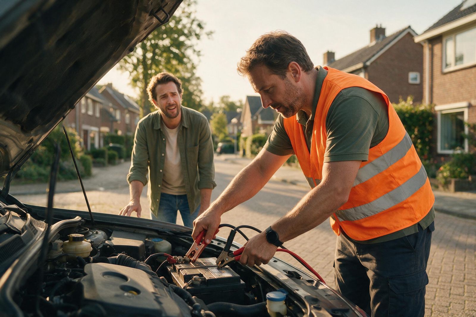 Starthulp met startkabels bij een auto met een lege accu