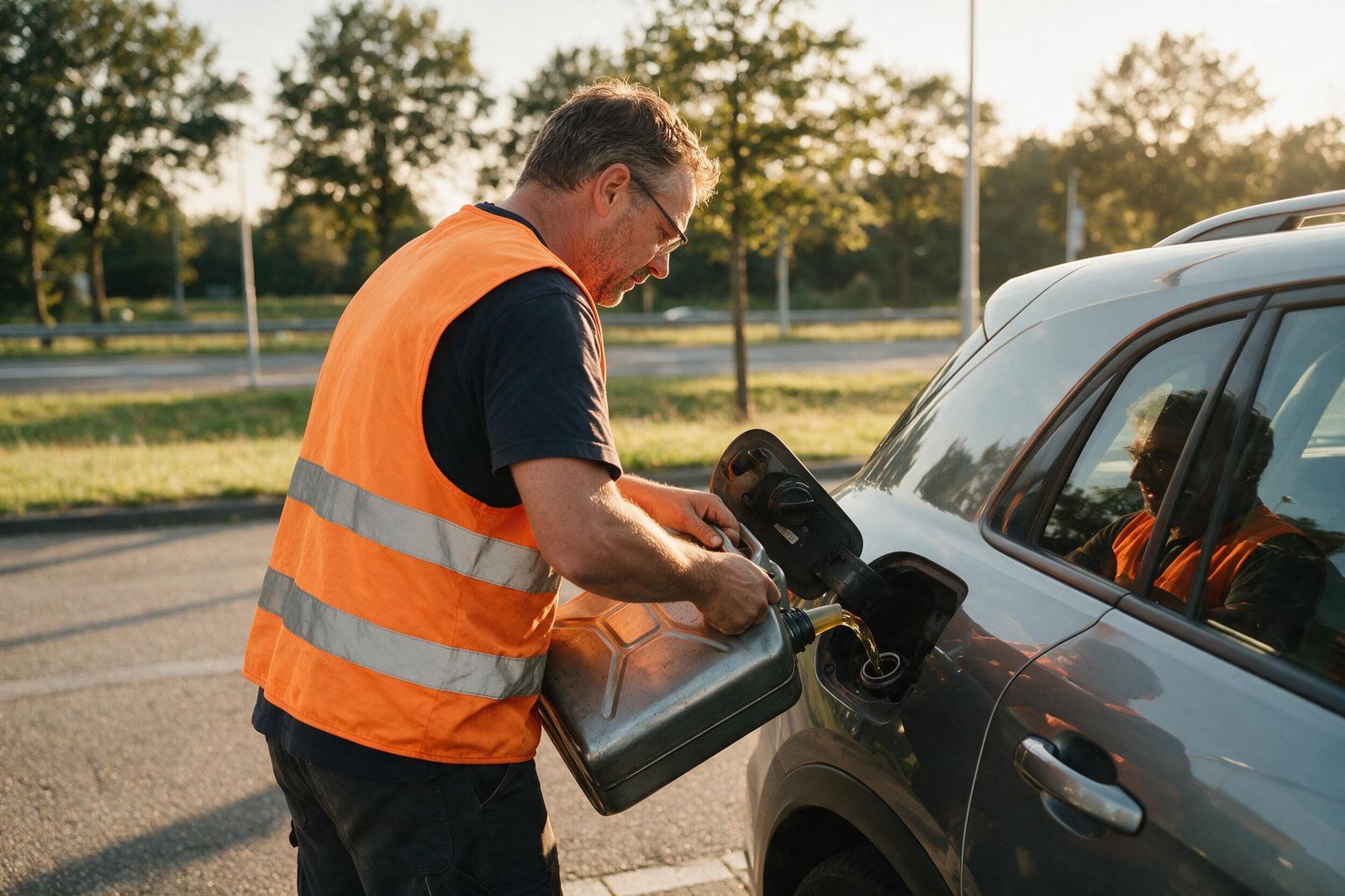 Hulpverlener vult brandstof bij uit een jerrycan langs de weg